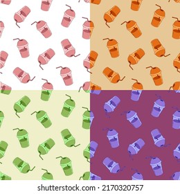 Set of seamless patterns with smoothie glass with straw and lid. Ornament for decoration and printing on fabric. Design element. Vector