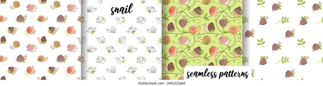 Set of seamless patterns of snails of different forms. Vector one line flat. Nature doodle concept. Cosmetic with snail mucin, print, textile, fashion, accessories, media, postcard, package, wrapping.