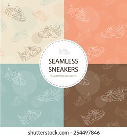 Set of seamless patterns with sneakers print for textile or paper design.