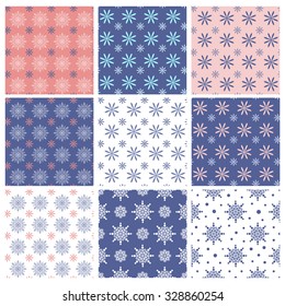 Set of seamless patterns from snowflakes. Festive winter background. Vector illustration for a Christmas design. It can be used for Christmas cards, gifts and packaging design.