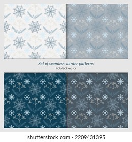 Set of seamless patterns with snowflakes, fir branches, berries. Christmas Line art.