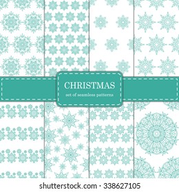 Set of seamless patterns with snowflakes. Holiday illustrations.