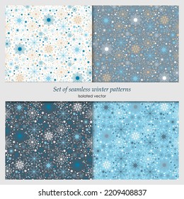 Set of seamless patterns with snowflakes. Isolated, vector.