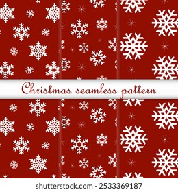 A set of seamless patterns with snowflakes on a red background. Cute vector illustration for Christmas and New Year holidays. A template suitable for the design of textiles, packaging and wallpapers,