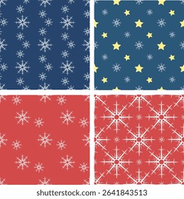 Set with seamless patterns with snowflakes on dark blue and red background for fabric, textile, clothes, tablecloth and other things. Vector image.