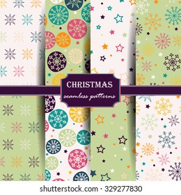 Set of seamless patterns with snowflakes, pines, deer, trees. Hand drawn design for Christmas and New Year greeting cards, fabric, wrapping paper, invitation, stationery. Seamless patterns are masked.