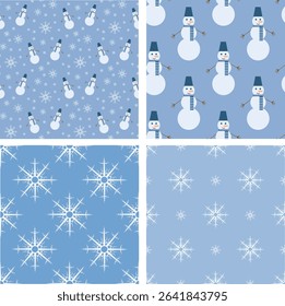 Set with seamless patterns with snowman and snowflakes for fabric, textile, clothes, tablecloth and other things. Vector image.