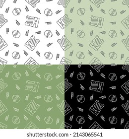 set of seamless patterns with soldier helmet, bulletproof vest and radio station. Ornament for decoration and printing on fabric. Design element. Vector