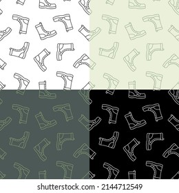 set of seamless patterns with soldier high boots with lace. Military and tourist protective uniforms. Ornament for decoration and printing on fabric. Design element. Vector