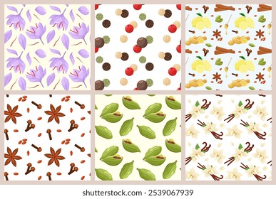 A set of seamless patterns with spices. Vector illustration.

