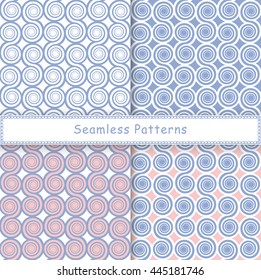 Set of seamless patterns with spiral shapes. Stylish graphic geometric backgrounds collections line art. Rose quartz and serenity violet colors vector illustration.