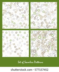 Set of seamless patterns. Spirals and circles color spring design. Bright abstract decorative backgrounds. Vector illustration.