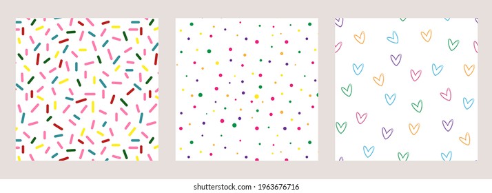 Set of seamless patterns with sprinkles, confetti and hearts. Suitable for packaging, fabrics, prints, holiday backdrops, holiday decoration, birthday, Valentine's day, Easter, Christmas, anniversary.