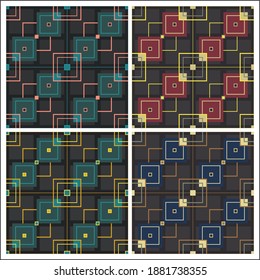 Set nahtlose Muster mit Quadraten für Unterwäsche-Drucke. Gefüllte und umrissene Quadrate verschiedener Größen und Farben überschneiden sich in der Diagonalzusammensetzung. Vektorgrafik.