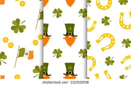 Set of seamless patterns for St. Patrick day. Cute festive backgrounds for irish holiday. Vector illustration in flat cartoon style. Perfect for fabric, package paper, wallpaper, greeting cards.