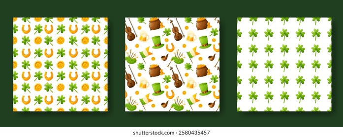 Set of seamless patterns for St. Patrick's Day on a white background. Pattern with the image of coins, shamrock, clover and leprechaun hat. Festive texture, background