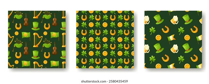 Set of seamless patterns for St. Patrick's Day on a green background. Pattern with the image of coins, shamrock, clover and leprechaun hat. Festive texture, background