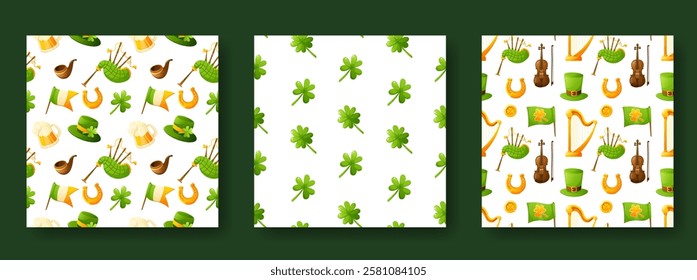 Set of seamless patterns for St. Patrick's Day on a white background. Pattern with the image of coins, shamrock, clover and leprechaun hat. Festive texture, background