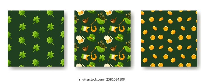 Set of seamless patterns for St. Patrick's Day on a green background. Pattern with the image of coins, shamrock, clover and leprechaun hat. Festive texture, background