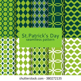 Set of seamless patterns for a St. Patrick's Day with the image of circles, rhombuses and geometrical figures