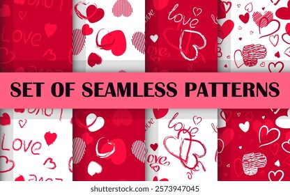 Set of seamless patterns for St. Valentine's Day. Simple hand-drawn patterns are perfect for packaging design, textiles, holidays, congratulations, and web pages. Vector
