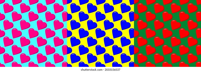 Set of seamless patterns of staggered hearts red, pink, blue color on a colorful backgrounds. Vector illustration