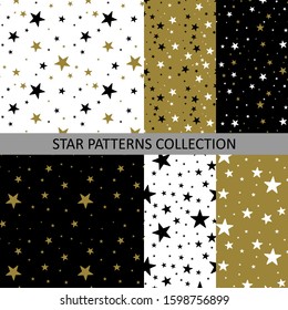 Set of seamless patterns with star shapes. Collection of simple prints in black, white and gold colors. Vector illustartion.