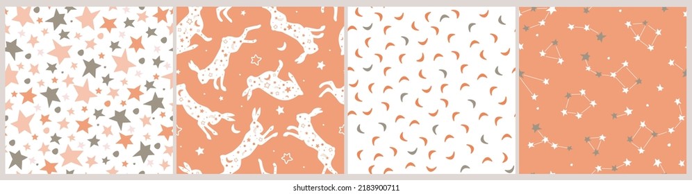 A set of seamless patterns with a starry sky, dream hares, constellations. Space abstract prints with rabbits. Vector graphics.