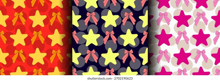 A set of seamless patterns with stars, bows, and circles. Print for children's clothing. For printing on fabric. Vector festive background. Wrapping paper, wallpaper. Pink, yellow, red
