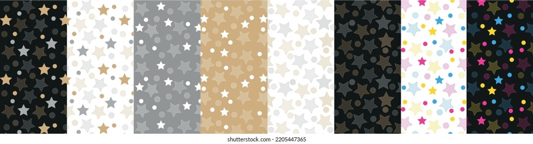 A set of seamless patterns with stars, bright multi-colored on different backgrounds. Vector illustration design for presentation, banner, cover, web, flyer, card, poster, wallpaper, texture, slide.