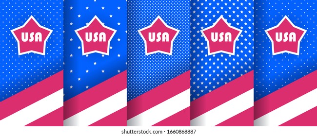 Set of seamless patterns with stars, in the colors of the american flag. Used as USA banners, invitations for design of Independence Day, BBQ parties, sports uniforms, packaging. Vector background.  