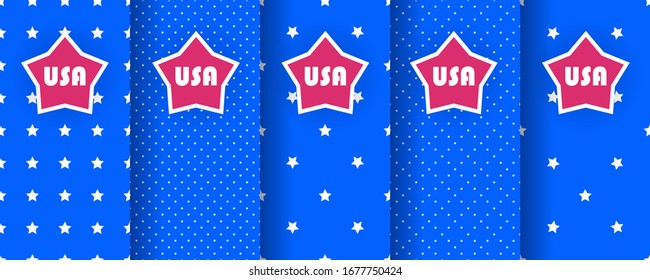 Set of seamless patterns with stars, in the colors of the american flag. Used as USA banners, invitations for design of Independence Day, BBQ parties, sports uniforms, packaging. Vector background.  