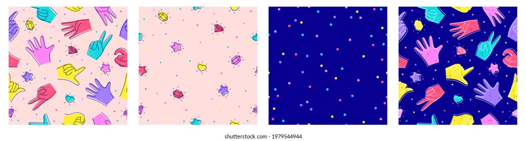 Conjunto de patrones Seamless con estrellas, corazones, cristales y gemas, manos. Ilustración al estilo doodle. Diseño plano. Ilustración vectorial de moda dibujada a mano. Para imprimir sobre telas, papel pintado, cubiertas