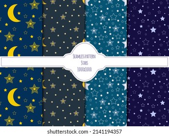 A set of seamless patterns with stars and the moon. The starry night sky. 1000x1000, Vector graphics.