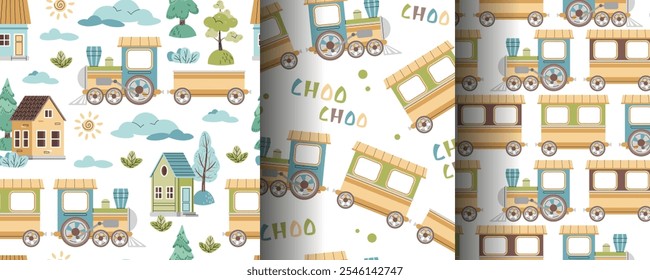 Set of seamless patterns with steam locomotive, houses and trees in flat style. Childish background with toy train for fabric, wallpaper, scrapbooking, etc