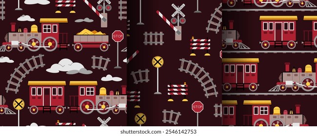 Set of seamless patterns with a steam locomotive in flat style. Childish background with toy train for fabric, wallpaper, scrapbooking, etc.