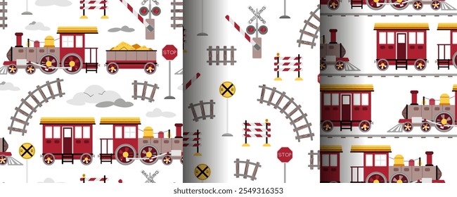 Set of seamless patterns with a steam locomotive in flat style. Childish background with toy train for fabric, wallpaper, scrapbooking, etc.