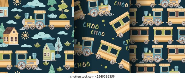 Set of seamless patterns with steam locomotive, houses and trees in flat style. Childish background with toy train for fabric, wallpaper, scrapbooking, etc