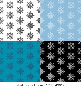set of seamless patterns with Steering wheel ship icon, fishing boat. Ornament for decoration and printing on fabric. Design element. Vector