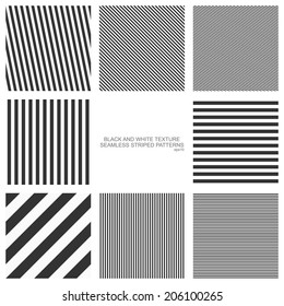 Set of seamless patterns, straight stripes, black and white texture. Vector backgrounds