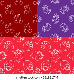 Set of seamless patterns with strawberries, blackberries and cherries. Vector illustration.