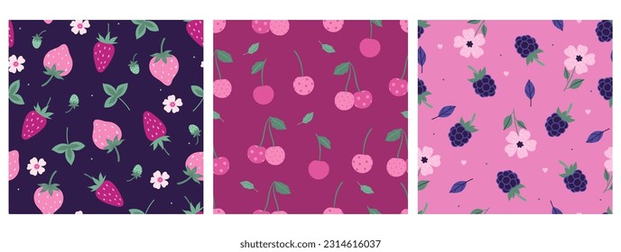 Set of seamless patterns with strawberries, cherries and blackberries. Vector graphics.