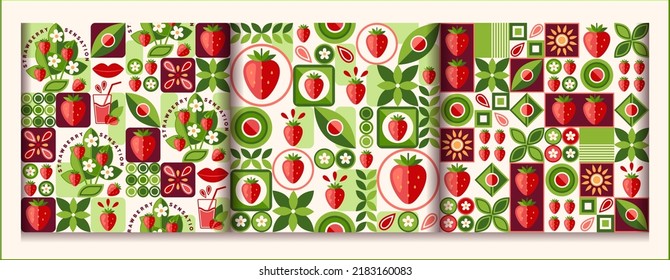 Set of seamless patterns with strawberry and abstract geometric shapes. Simple minimal style. Good for branding, decoration of food package, cover design, decorative home kitchen prints