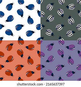 Set of seamless patterns with striped beetle. Beneficial insects and insect pests. Ornament for decoration and printing on fabric. Design element. Vector