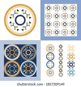 A set of seamless patterns, stripes, and ornament. Aztec elements. Design with manual hatching. Textile. Ethnic boho ornament. Vector illustration for web design or print.