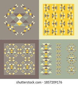 A set of seamless patterns, stripes, and ornament. Aztec elements. Design with manual hatching. Textile. Ethnic boho ornament. Vector illustration for web design or print.