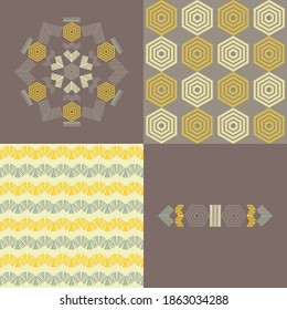 Un conjunto de patrones, rayas y adornos sin fisuras. Diseño con eclosión manual. Textil. Ornamento étnico de boho. Ilustración vectorial para diseño web o impresión.