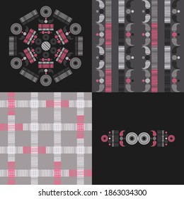 A set of seamless patterns, stripes, and ornament. Design with manual hatching. Textile. Ethnic boho ornament. Vector illustration for web design or print.