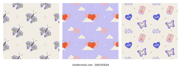 Set of seamless patterns in the style of the 2000s. Posters with butterflies, hearts, wings and clouds. Bright Vector illustrations of Y2k-style patterns