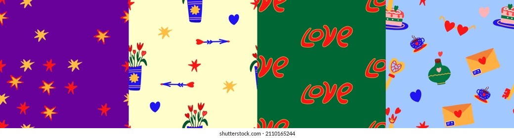 A set of seamless patterns in the style of 60x - 70s for design, paper, packaging, fabric, textiles.